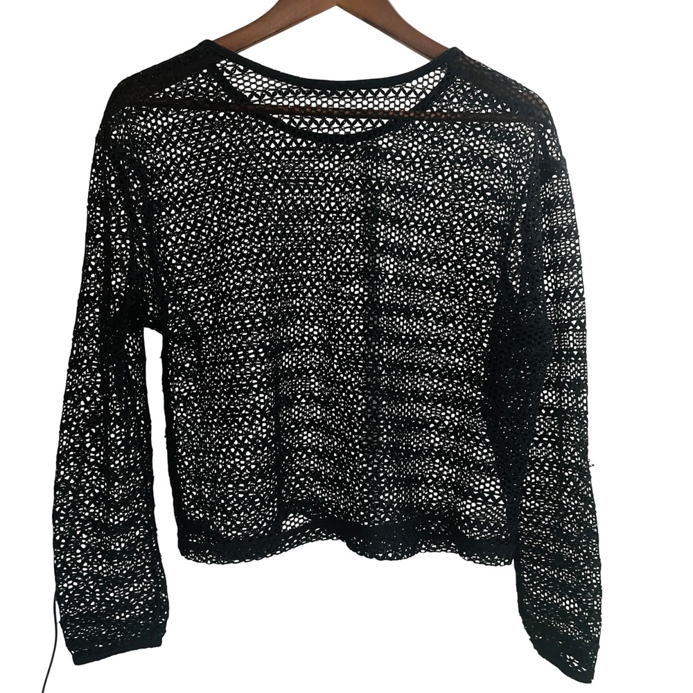 Womens Black Goth Grunge Mesh Crochet Fishnet Top Large Emo Punk Rave Witchey